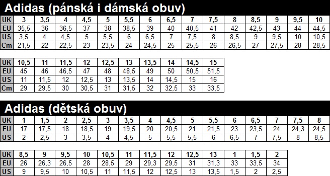 Velikostní tabulka obuvi Adidas