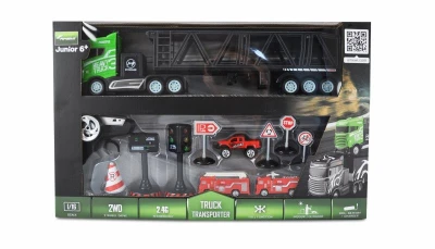 Kamion s autopřepravníkem 2WD, 1:16, bohaté příslušenství, semafor, radar, 3 autíčka, RTR
