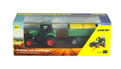 Amewi Kovový RC traktor s přívěsem 1:64 RTR zelený, 3 rychlostní stupně, LED světla