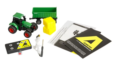 Amewi Kovový RC traktor s přívěsem 1:64 RTR zelený, 3 rychlostní stupně, LED světla