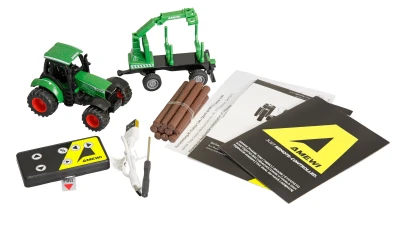 Amewi Kovový RC traktor s přívěsem na dřevo a nakládacím jeřábem 1:64 RTR zelený, 3 rychlostní stupně, LED světla