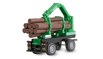 Amewi Kovový RC traktor s přívěsem na dřevo a nakládacím jeřábem 1:64 RTR zelený, 3 rychlostní stupně, LED světla