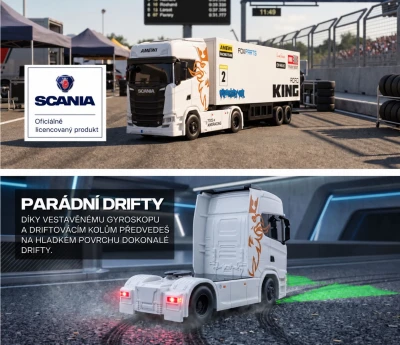 Amewi Scania 730 S bílý driftovací RC kamion s návěsem, GYRO, 4x4, 1:64, RTR