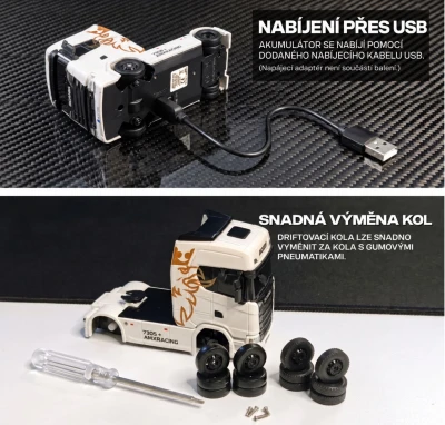 Amewi Scania 730 S bílý driftovací RC kamion s návěsem, GYRO, 4x4, 1:64, RTR