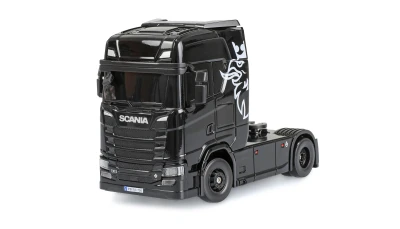 AMEWI Trade e.K. RC licencovaná Scania 730 S s návěsem, GYRO, driftovací, proporcionální pohon 4x4, 1:64 RTR, černá