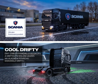 AMEWI Trade e.K. RC licencovaná Scania 730 S s návěsem, GYRO, driftovací, proporcionální pohon 4x4, 1:64 RTR, černá
