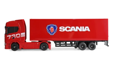 Amewi Scania 730 S červené RC licencované driftovací nákladní auto s návěsem, GYRO, proporcionální pohon 4x4, 1:64 RTR