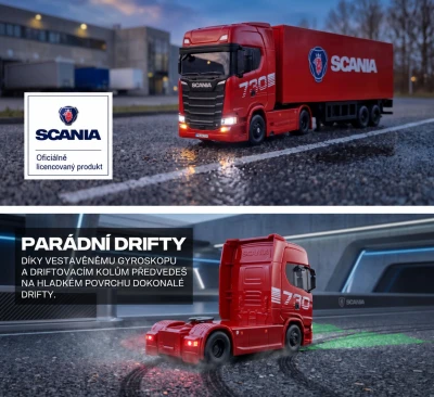 Amewi Scania 730 S červené RC licencované driftovací nákladní auto s návěsem, GYRO, proporcionální pohon 4x4, 1:64 RTR