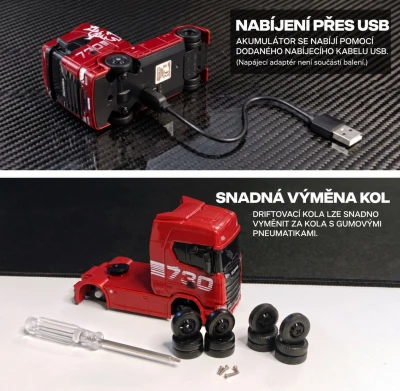 Amewi Scania 730 S červené RC licencované driftovací nákladní auto s návěsem, GYRO, proporcionální pohon 4x4, 1:64 RTR
