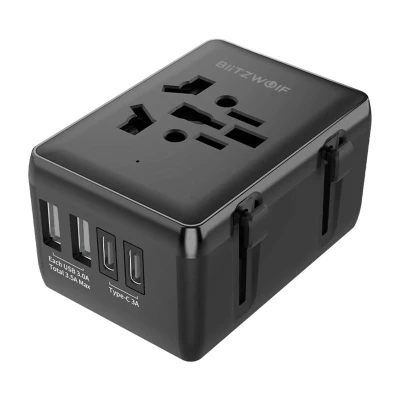 BlitzWolf BW-TA1 černý cestovní adaptér 4 v 1 2xUSB + C + PD 20W