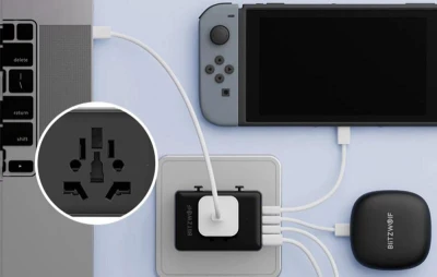 BlitzWolf BW-TA1 černý cestovní adaptér 4 v 1 2xUSB + C + PD 20W