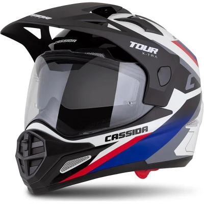 CASSIDA Tour 2.0 X-tra bílo-modro-červeno-černá enduro přilba s černým matným kšiltem
