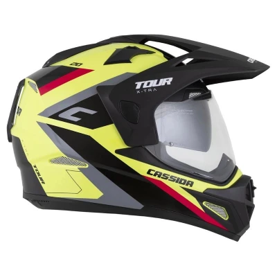 Cassida Enduro přilba Tour 2.0 X-tra fluo žluto-černo-červeno-šedá s černým matným kšiltem