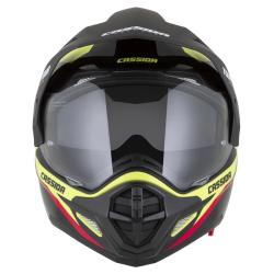 Cassida Enduro přilba Tour 2.0 X-tra fluo žluto-černo-červeno-šedá s černým matným kšiltem