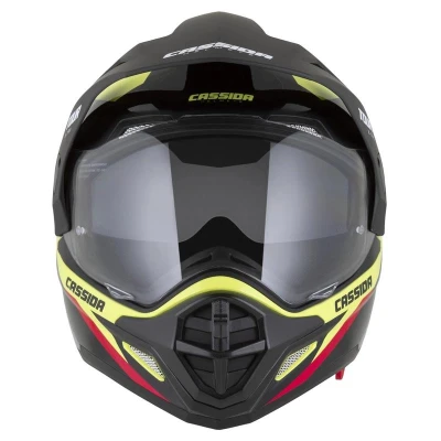 Cassida Enduro přilba Tour 2.0 X-tra fluo žluto-černo-červeno-šedá s černým matným kšiltem
