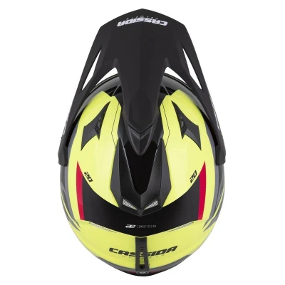 Cassida Enduro přilba Tour 2.0 X-tra fluo žluto-černo-červeno-šedá s černým matným kšiltem