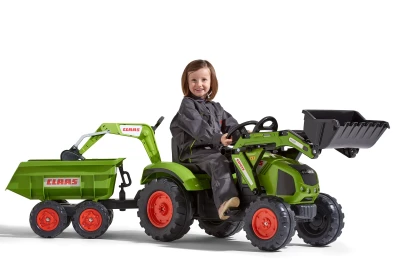 Falk Šlapací traktor 1010W Claas Axos s nakladačem, rypadlem a vlečkou