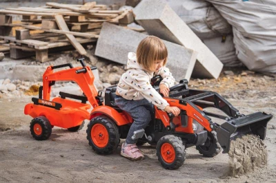 Falk šlapací traktor 2065N Kubota backhoe s předním bagrem a přívěsem s otočným bagrem