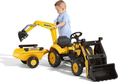 Falk Šlapací traktor 2076N Komatsu s nakladačem, rypadlem a vlečkou - žlutý
