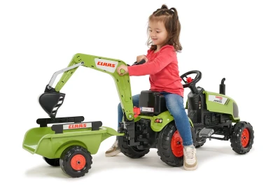 Falk Šlapací traktor Claas Arion 410 s rypadlem a vlečkou