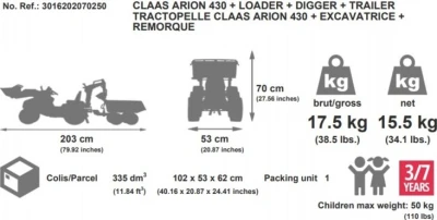 Falk Šlapací traktor velký 2070Y Claas Arion 430 s nakladačem, rýpadlem a vlečkou