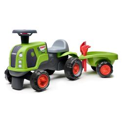 Falk Traktor Baby Claas s volantom, klaksónom, prívesom, hrabľami a lopatou
