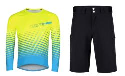 Force MTB ANGLE fluo-modrý cyklodres - dl. rukáv + Force MOUNT MTB černé cyklokraťasy bez vložky