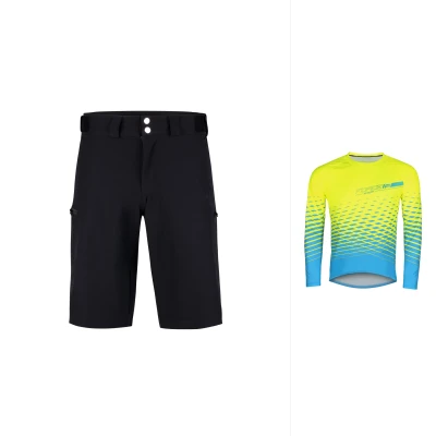 Force MTB ANGLE fluo-modrý cyklodres - dl. rukáv + Force MOUNT MTB černé cyklokraťasy bez vložky