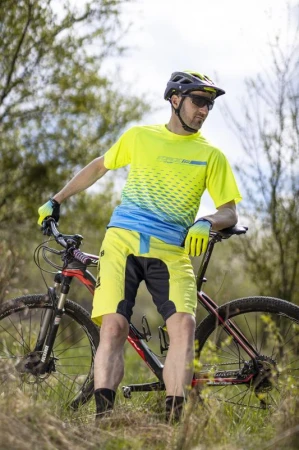 Force MTB ANGLE fluo-modrý cyklodres - dl. rukáv + Force STORM šedo-fluo cyklokraťasy