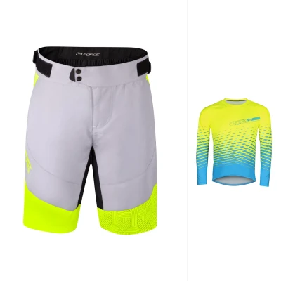 Force MTB ANGLE fluo-modrý cyklodres - dl. rukáv + Force STORM šedo-fluo cyklokraťasy