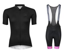 Force PURE čierny dámsky cyklistický dres + Force STRIPE LADY čierno-ružové cyklokalhoty