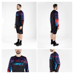 Force RECKLESS černo-červeno-modrý mtb dres - dl. rukáv + Force BLADE MTB červené šortky