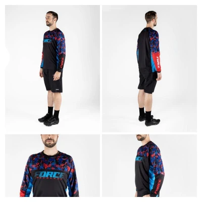 Force RECKLESS černo-červeno-modrý mtb dres - dl. rukáv + Force BLADE MTB červené šortky