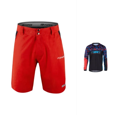 Force RECKLESS černo-červeno-modrý mtb dres - dl. rukáv + Force BLADE MTB červené šortky