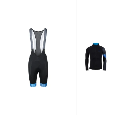 Force RIDGE černo-modrý cyklistický dres - dlouhý rukáv + Force STRIPE černo-modré cyklokraťasy