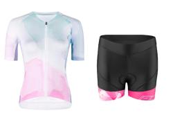 Force SPLASH LADY ružovo-modrý dres - kr. rukáv + Force MINI čierno-ružové cyklokraťasy