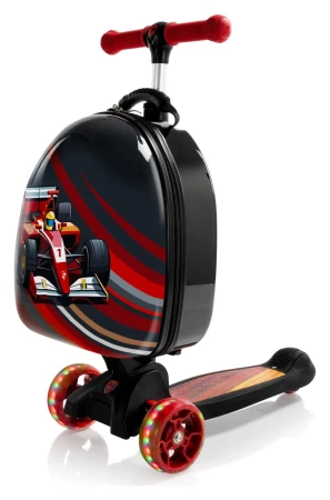 Heys Turbo Tots Scooter Race Car černý dětský kabinový kufr s koloběžkou