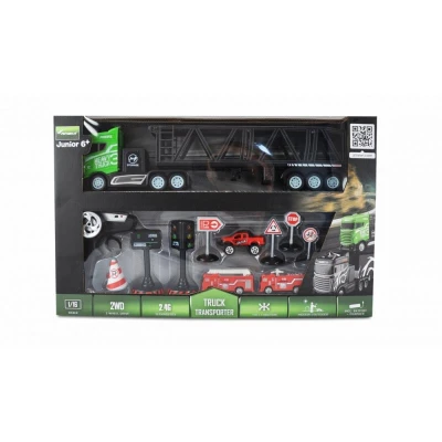 Kamion s autopřepravníkem 2WD, 1:16, bohaté příslušenství, semafor, radar, 3 autíčka, RTR