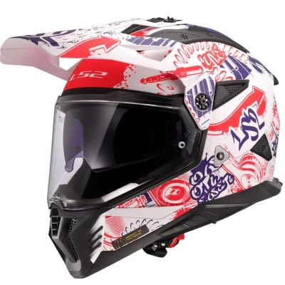 LS2 MX702 Pioneer II Fantasy bílo-červeno-modrá enduro helma na motorku