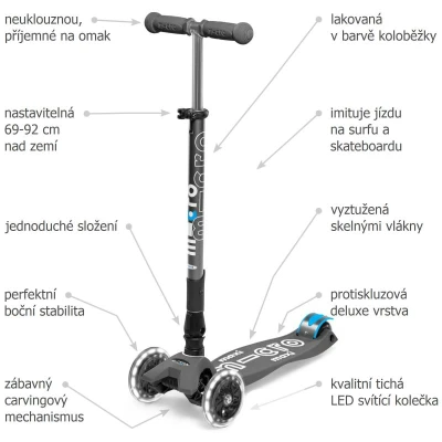 Maxi Micro Deluxe - volcano grey LED skládací koloběžka + reflexní sada