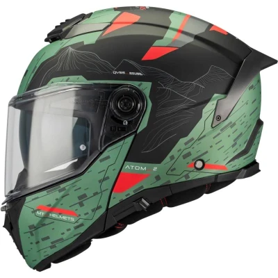 MT Helmets Atom 2 SV Highlands C6 matná zeleno-černo-červená výklopná helma na motorku