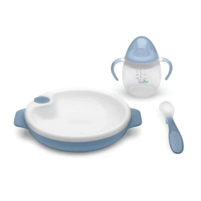 Nuvita Set termotalířku se silikonovou lžičkou a hrnečkem Powder Blue