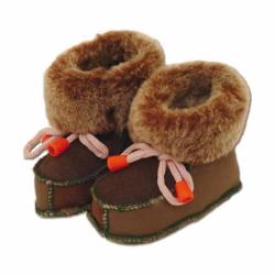 Ovčíno dětské kožené botičky capáčky POUZE S - délka chodidla do 9 cm (hnědo-bílá) (VÝPRODEJ)