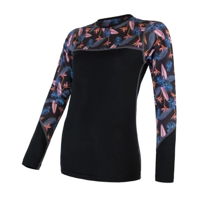 Sensor Merino Impress Černá/floral dámské funkční tričko dl.rukáv
