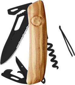 SWIZA Vreckový nôž SH03TR Allblack Single Hand Wood Olive Wavy Edge SWIZA Vreckový nôž SH03TR Allblack Single Hand Wood Olive Wavy Edge