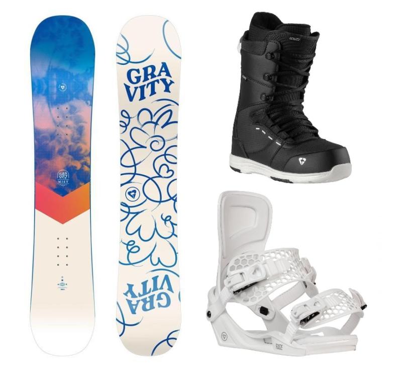 Gravity Mist 24/25 dámsky snowboard + Gravity Rise white viazanie + Gravity Bliss black/white topánky