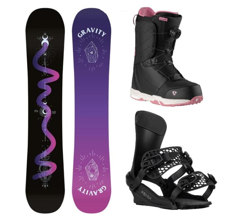 Gravity Sirene Black 24/25 snowboard + Gravity Fenix black vázání + Gravity Aura Atop black/rose boty + sleva 400,- na příslušenství
