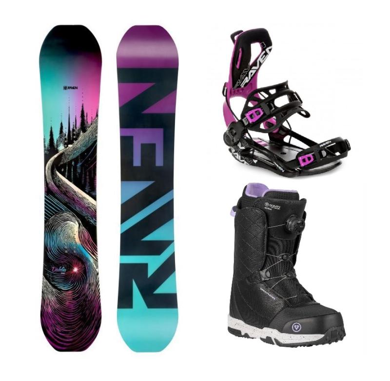 Raven Dahlia Carbon Mint/Pink dámsky snowboard + Raven FT360 black/fuchsia viazanie + Gravity Aura Atop black obuv